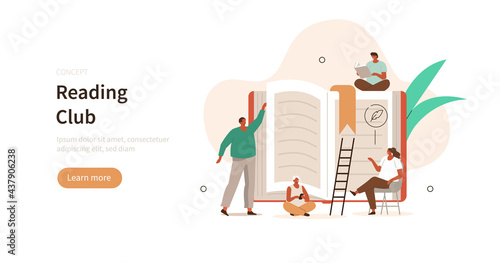 People characters reading together and discussing about literature. Students with open books in hands studying in library. Book lovers and bibliophilism concept. Flat cartoon vector illustration.