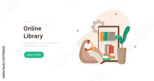 Character sitting at home and reading book in online library on smartphone. Student with open book in hands studying in library.  Online education concept. Flat cartoon vector illustration.