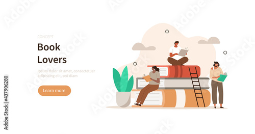 People characters standing near big books pile and reading literature together. Students with open books in hands studying in library. Book lovers concept. Flat cartoon vector illustration.