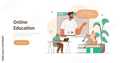 People characters self studying online in internet educational platform. Students having video call with teacher. Distance learning and online education concept. Flat cartoon vector illustration.