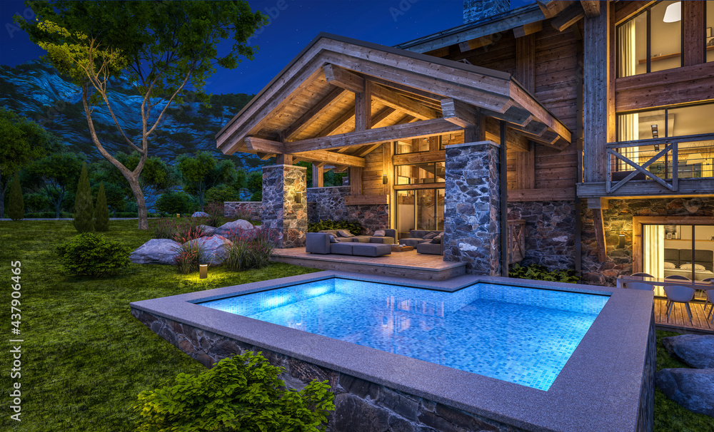 Fototapeta premium 3d rendering of modern cozy chalet with pool and parking for sale or rent. Massive timber beams columns. Beautiful forest mountains on background. Clear summer night with many stars on the sky.