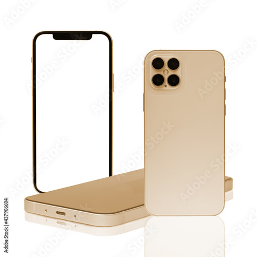 Smart phone, multiple viewing angles front view back side and  landscape view isolated on white background.