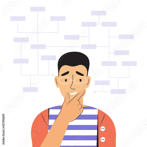 Young thoughtful man solves complex work tasks. Puzzled male character. Working with big data, analyzing and auditing business processes. Mental mindset type and model. Color flat vector illustration.