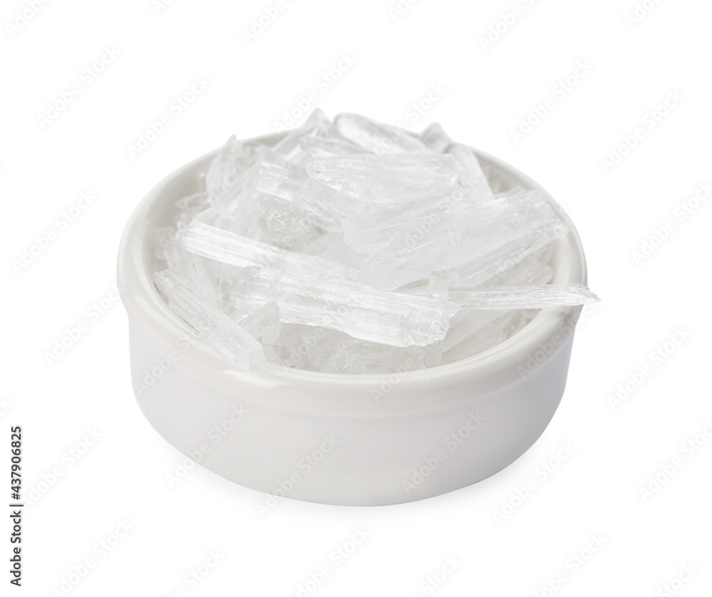 Menthol crystals in bowl on white background Menthol crystals in bowl on white background