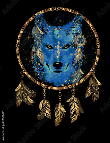 Wolf Head and dream catcher in the style of boho. Print for textile and t-shirts. Totem Native American and shamanic Symbol. Isolated vector illustration.
