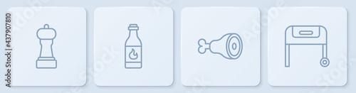 Set line Pepper, Chicken leg, Tabasco sauce and Barbecue grill. White square button. Vector