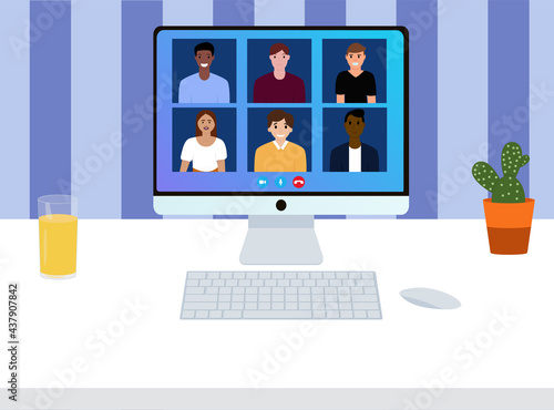 Video conference with people. Working meeting. Conference video call. Working place