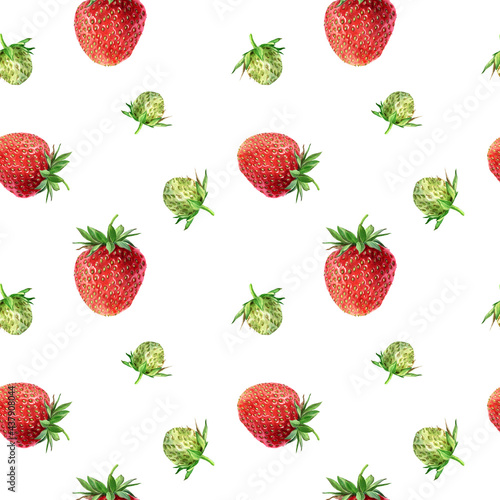Fototapeta Naklejka Na Ścianę i Meble -  Watercolor seamless strawberry pattern. Strawberry garden, botanical illustration, pattern of bushes and berries.