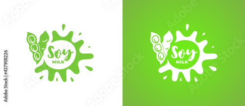 Soy milk product green logo. Fresh vegetarian organic natural non lactic brand identity logotype design. Soya vegan eco dairy splash sign for company trademark vector Illustrations