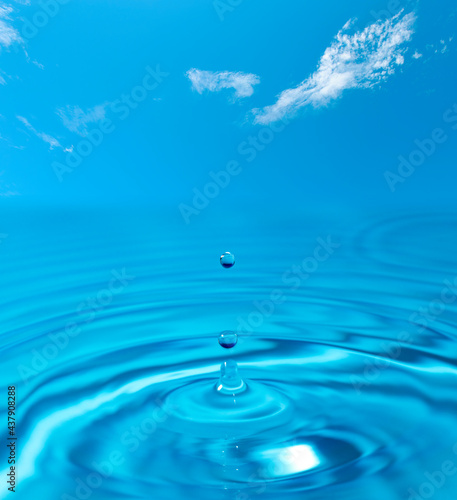 Water drop splash blue colored. Round water drop. Water background