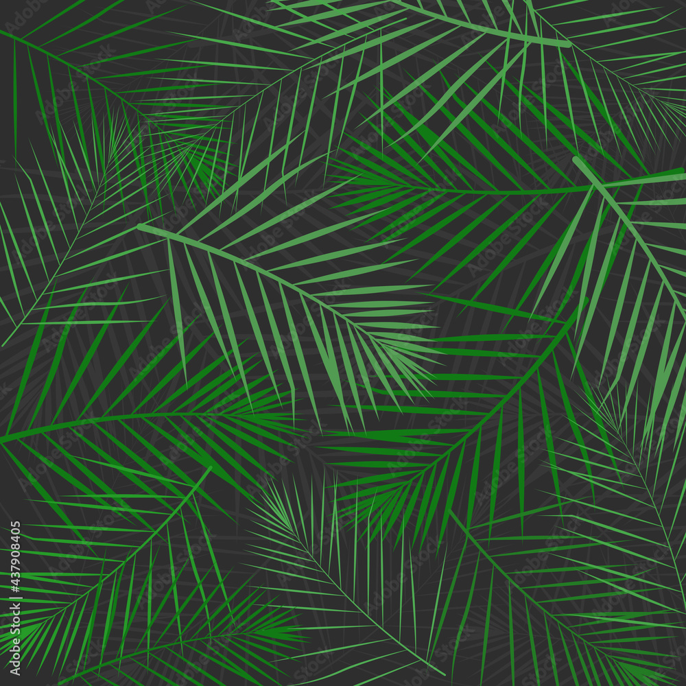Vector tropical seamless pattern with green palm leaves on a dark background.