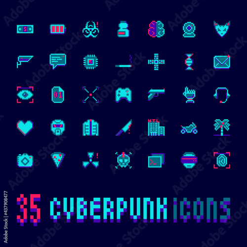 Cyberpunk pixel art vector icons set. 35 neon futuristic elements, high tech video game symbols