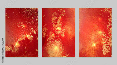 Set of marble patterns. Scarlet red and gold geode textures with glitter. Abstract vector background in alcohol ink technique. Modern paint with sparkles. Backdrops for banner, poster. Fluid art