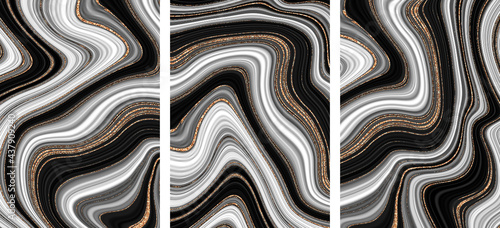 Fotografía Set of Luxury wall art liquid black, white, golden marble texture