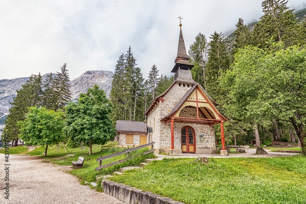 Church next to the Braies Lake in the Dolomites