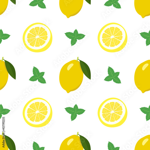 Seamless bright spring and summer pattern with lemon and slices and mint leaves. A set of citrus fruits for a healthy lifestyle. Vector flat illustration of healthy food