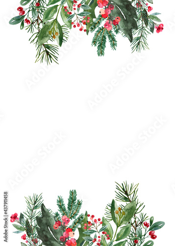Winter natural border. Watercolor seasonal greenery and red berries rectangle frame with white copy space. Christmas card. Hand painted pine and spruce branches.