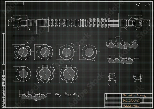 Mechanical engineering drawings on blue background. Broach. Technical Design. Cover. Blueprint. Vector illustration.