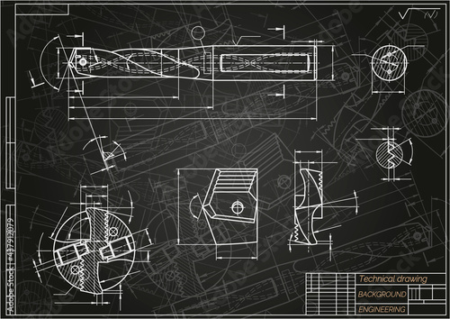 Mechanical engineering drawings on blue background. Drill tools  borer. Technical Design. Cover. Blueprint. Vector illustration.