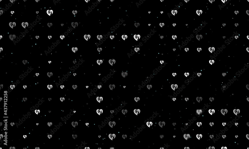 Seamless background pattern of evenly spaced white mom with baby symbols of different sizes and opacity. Vector illustration on black background with stars