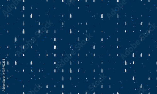 Seamless background pattern of evenly spaced white feeding bottle symbols of different sizes and opacity. Vector illustration on dark blue background with stars