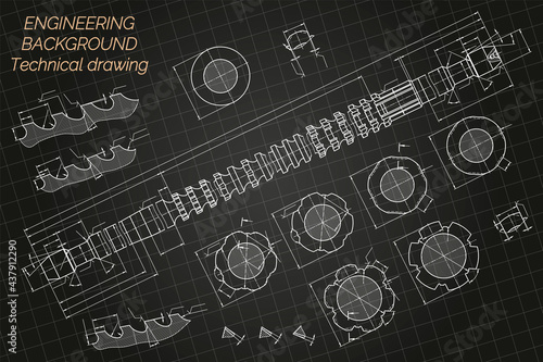 Mechanical engineering drawings on blue background. Broach. Technical Design. Cover. Blueprint. Vector illustration.