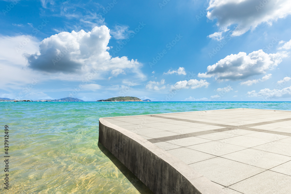 Empty square floor and blue sea natural scenery.