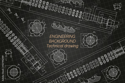 Mechanical engineering drawings on blue background. Broach. Technical Design. Cover. Blueprint. Vector illustration.