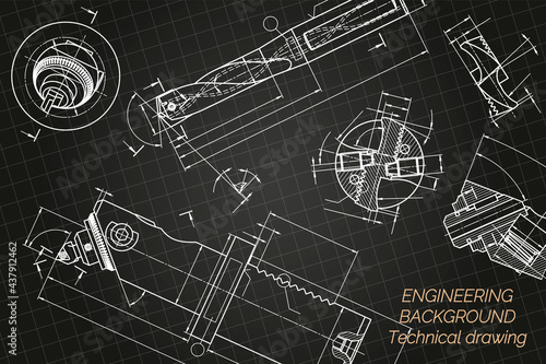 Mechanical engineering drawings on blue background. Drill tools, borer. Boring bar with micrometric adjustment. Broach. Technical Design. Cover. Blueprint. Vector illustration.