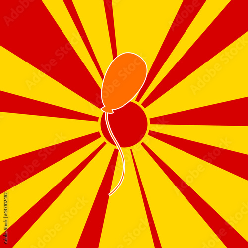 Balloon symbol on a background of red flash explosion radial lines. The large orange symbol is located in the center of the sun, symbolizing the sunrise. Vector illustration on yellow background