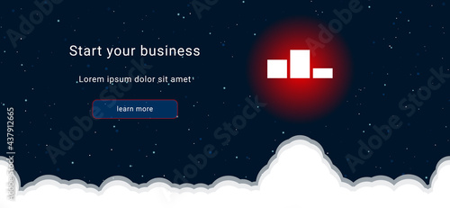 Business startup concept Landing page screen. The winners podium symbol on the right is highlighted in bright red. Vector illustration on dark blue background with stars and curly clouds from below