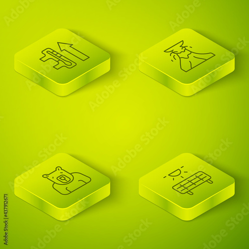 Set Isometric line Volcano eruption with lava, Polar bear head, Solar energy panel and Global warming icon. Vector