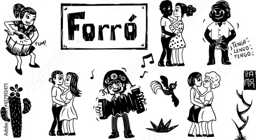 Xilogravura, elementos nordestinos, juninos, cactos, forró, sanfoneiro, triângulo e zabumba, diversidade. Festa de São João. Party in São João, June, Woodcut, northeastern elements, cacti, accordion.