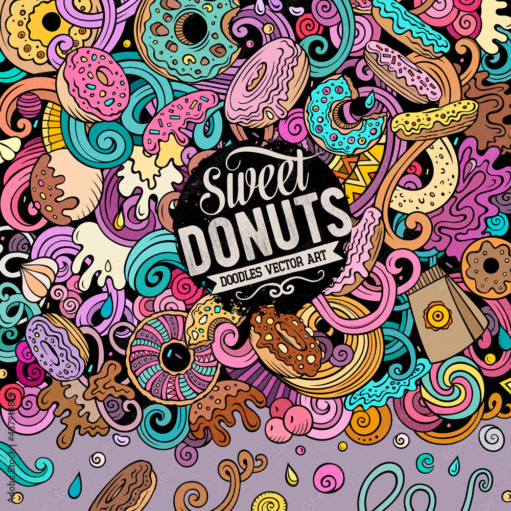 Donuts hand drawn vector doodles illustration. Sweets frame card design.