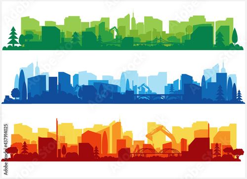 City view. City landscape in different colors. City silhouette.