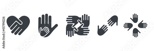 Friendship arms symbol. Black silhouettes hands together set. Global unity concept. Business teamwork pictogram. Vector illustration isolated on white background.