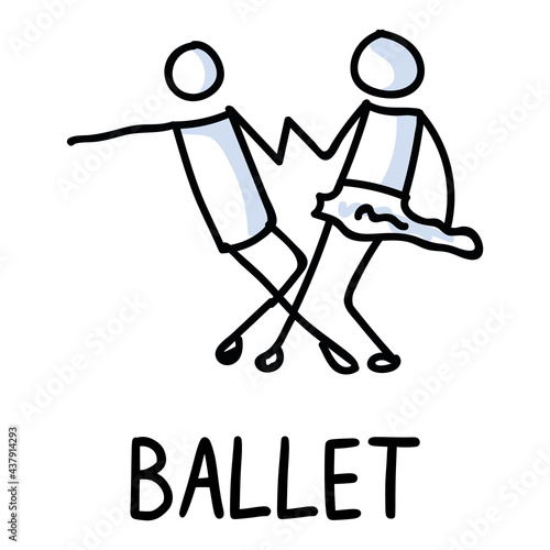 Stick figures icon of ballet dancing. Dancers ballerina and ballerino pictogram with text. 