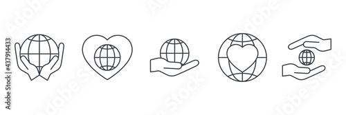 Globe line icon and human hands set. Global protection and support symbol collection. Charity and voluntary outline concept. Vector illustration isolated on white background