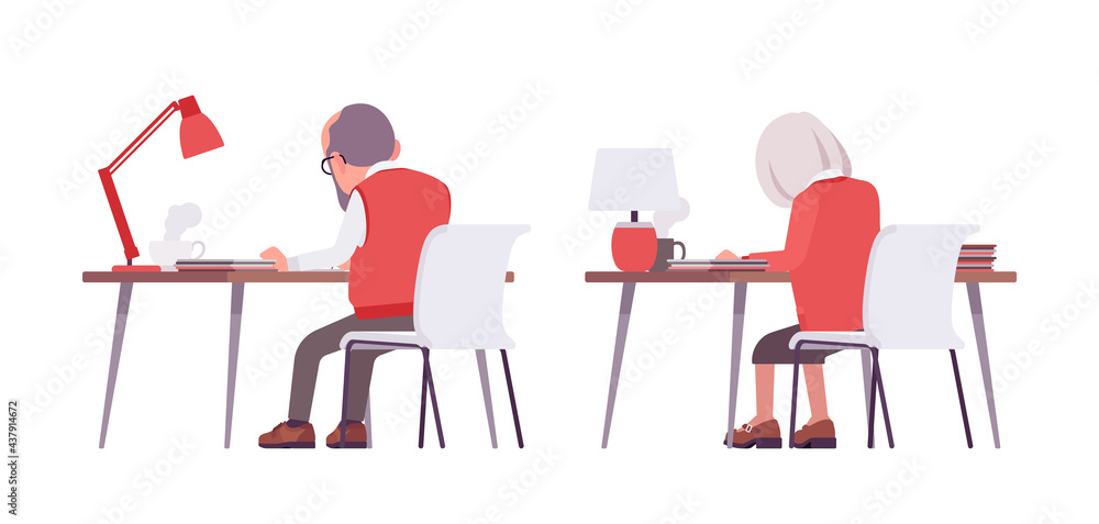Fototapeta premium Old teacher, female, male senior professor, university tutor at desk. Busy elderly master, aged education supervisor. Vector flat style cartoon illustration isolated on white background, rear view