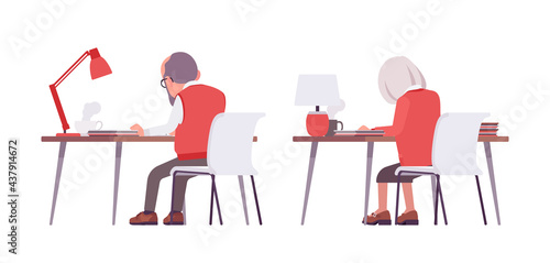 Old teacher, female, male senior professor, university tutor at desk. Busy elderly master, aged education supervisor. Vector flat style cartoon illustration isolated on white background, rear view