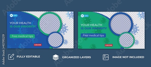 Medical healthcare web banner and video thumbnail template design, Online marketing video cover for doctor,  editable social media banner for hospital live workshop business template.