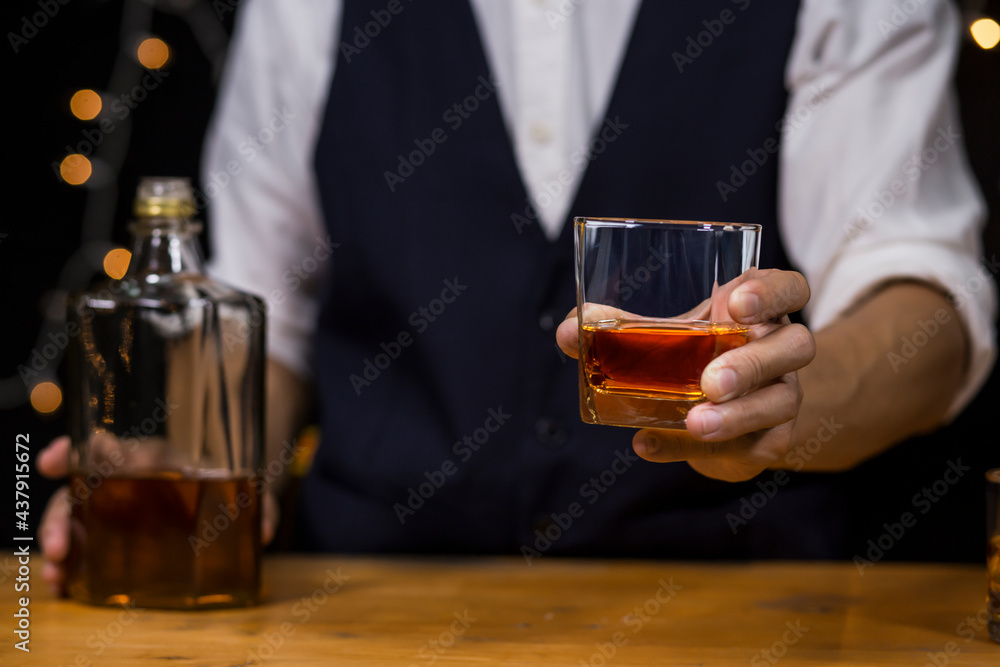 Bartender Serve Whiskey, on wood bar, Bartender Serve Whiskey, on wood bar,
