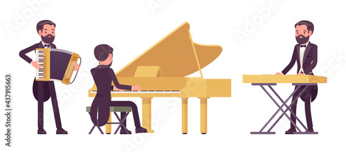Musician, elegant tuxedo man playing professional keyboard instruments. Classical music event, concert, wedding party art performance. Vector flat style cartoon illustration isolated, white background