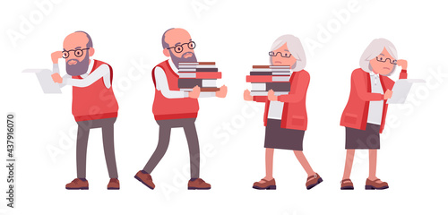 Old teacher, female, male senior professor with books, college tutor. Experienced elderly master, aged education supervisor. Vector flat style cartoon illustration isolated on white background