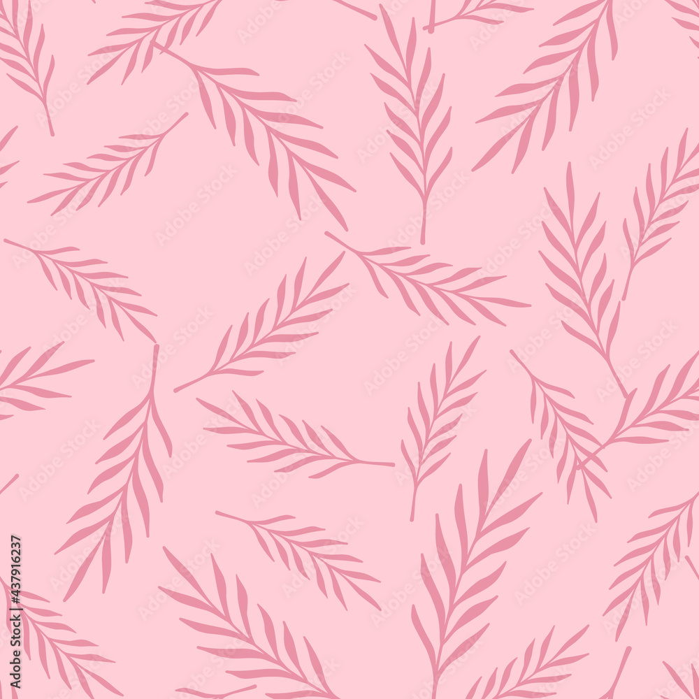 Random natural seamless pattern with random abstract leaf branches shapes. Pink background. Organic style.