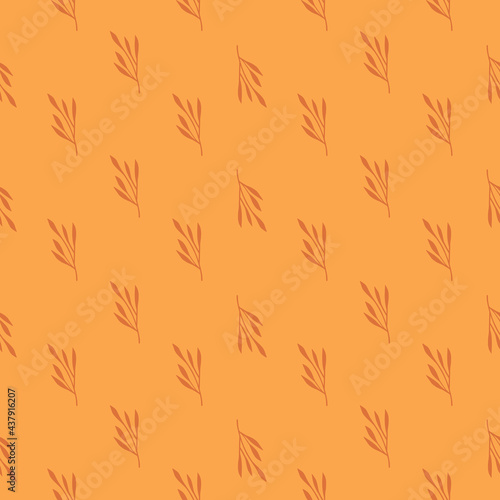 Abstract organic seamless pattern with simple leaf silhouettes shapes. Orange pastel background.