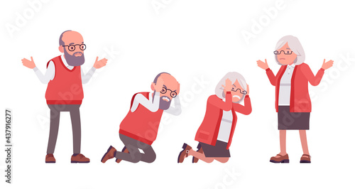 Old teacher negative emotions, female, male senior professor, university, school, college tutor. Master, aged education supervisor. Vector flat style cartoon illustration isolated, white background