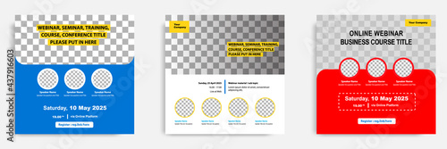 Set bundle collection of social media post template. Layout for online webinar, conference, training, seminar, course, and learning video. Minimal modern and simple style in red blue yellow color.