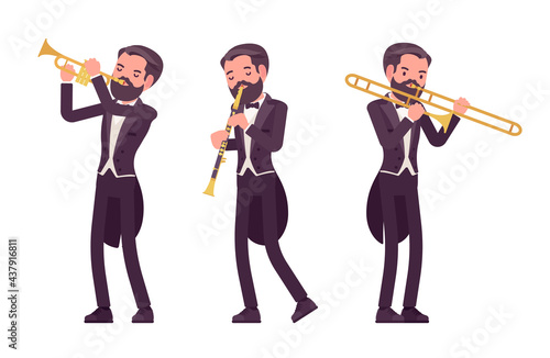 Musician, elegant tuxedo man playing professional wind instruments. Classical music event, concert, wedding party art performance. Vector flat style cartoon illustration isolated, white background