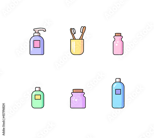 Bathroom accessories vector icon set Personal hygiene supplies Flat line outline trendy color design Sanitary care signs